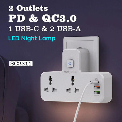Zeene Power Socket 2 Port Universal 2500W, 1PD 20W, 2USB 18W-12W, Night Lamp