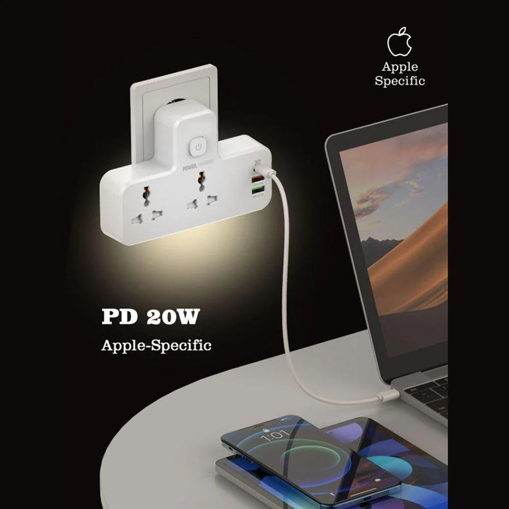 Zeene Power Socket 2 Port Universal 2500W, 1PD 20W, 2USB 18W-12W, Night Lamp